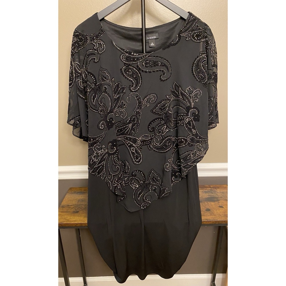 B. Design Women's Beaded Overlay Dress Round Neck Size 16 Black